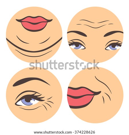 Aging troubles set. Vector illustration of places where wrinkles appear in the first. Instruction about first wrinkles in circle shapes.