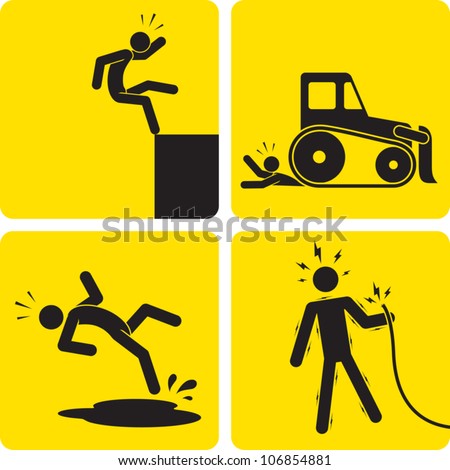 Clip art illustration styled like a universal sign showing a stick figure man suffering various work-related injuries.