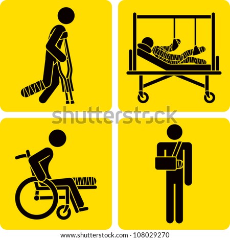 Clip art illustration styled like universal signs showing a stick figure man with a broken bone. Includes broken leg with crutches, broken leg in wheelchair, broken arm in sling, and full body cast.