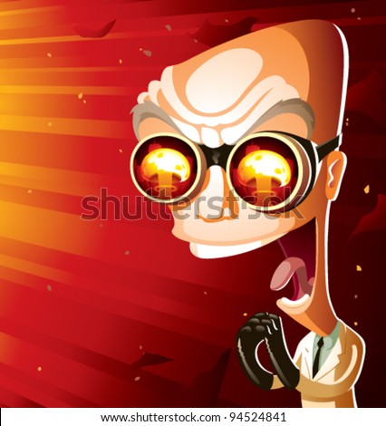 An evil scientist laughing maniacally, bathed in the glow of a giant nuclear mushroom cloud. Scientist is an older, bald, caucasian man—60s-style mad scientist caricature. CMYK vector image.