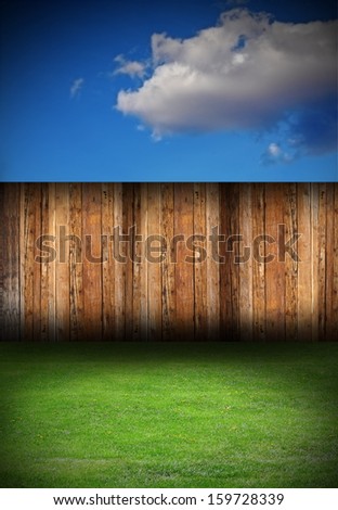 beautiful backyard with old  wooden  fence and green meadow