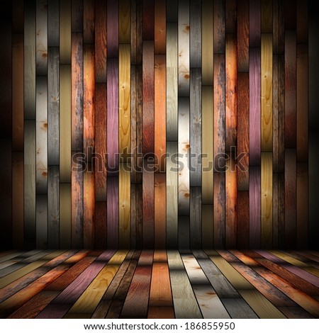 interior abstract planks backdrop, collection of different wood boards on floor and wall