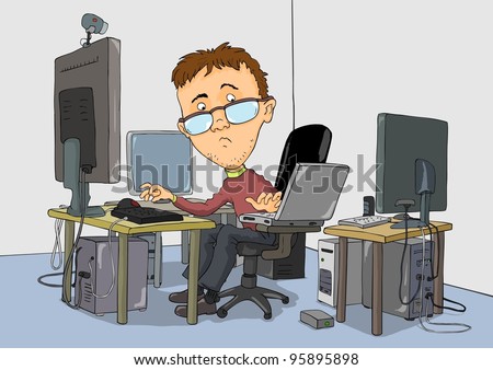 Bespectacled guy is working on several computers