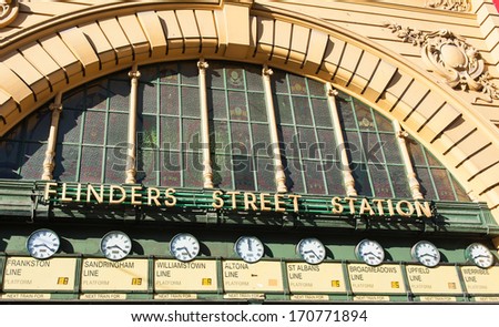 Flinders Street Station is a famous building from 1909 in Melbourne, Australia. Detail of the front gate with clocks