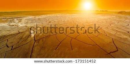 Dry cracked land with a setting sun. Panorama