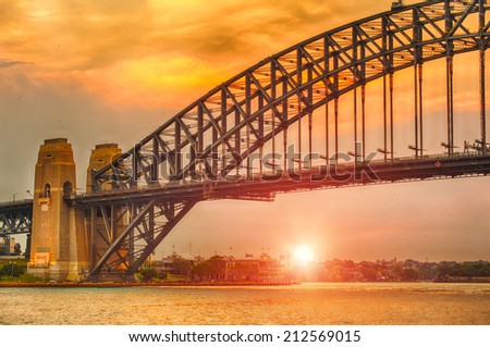 Sun sets over Harbor Bridge in Sydney, Australia