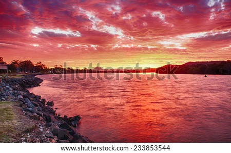 Wonderful sunset over the Tweed River at Chinderah with a Mt. Warning visible on horizon, New South Wales - Australia. HDR