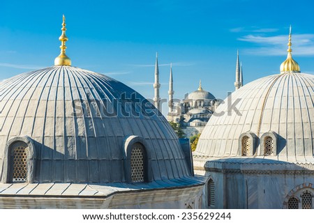 Blue Mosque (Sultan Ahmet Mosque) and cupolas seen from Hagia Sophia