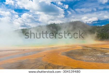 Detailed photo of steaming Grand Prismatic Spring. Yellowstone National Park, Wyoming, USA