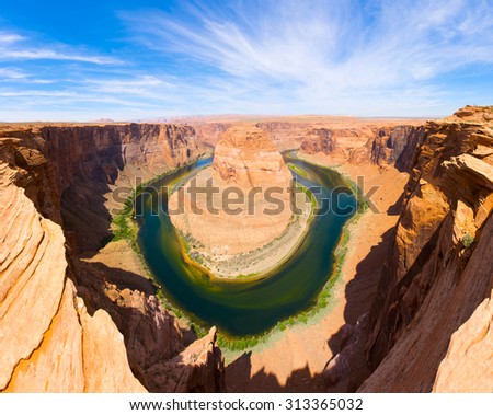 Horseshoe Bend is a famous meander on river Colorado near the town of Page. Arizona, USA. Panoramic photo