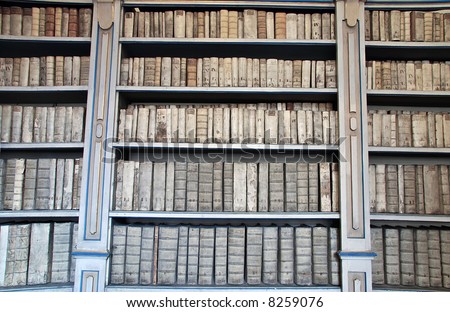 Library shelves with ancient medieval medical books