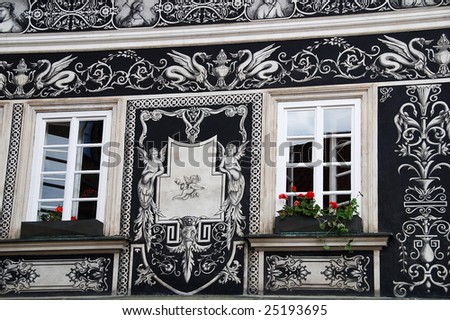 Beautiful painted gothic wall with old windows in Prague, Czech republic