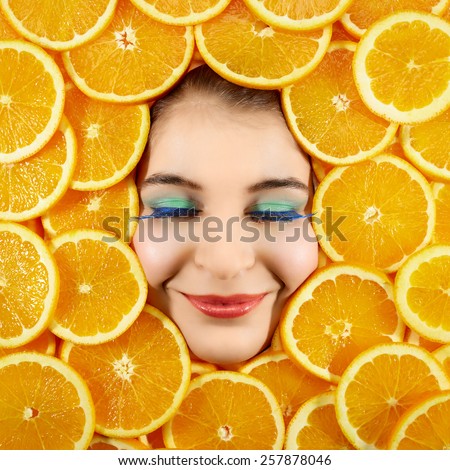 Beautiful woman expression face with orange slice frame