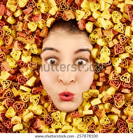 Beautiful woman expression face with tri-color pasta frame