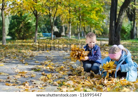 Two youngsters playing in a park collecting handfuls of yellow autumn leaves with copyspace