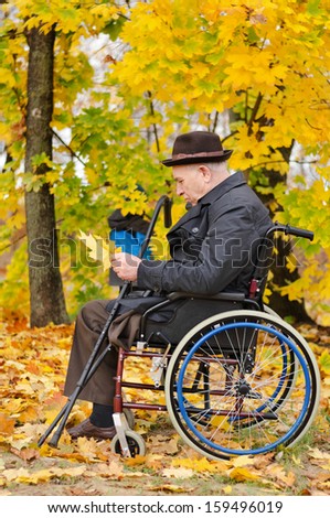 Disabled grandfather using a wheelchair and holding a fallen golden leaf and grandchild outdoors in the forest in an autumn setting