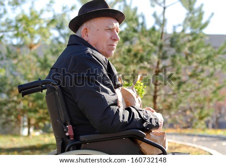 Elderly man in a wheelchair enjoying the sun sitting outdoors in a hat and overcoat with a bag of groceries on his lap