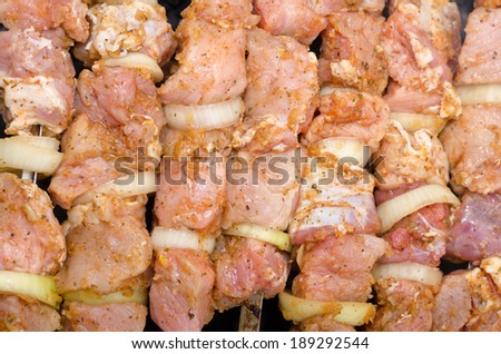 Background of spicy uncooked meat and onion kebabs laid out on a grill ready to be barbecued on a summer picnic, closeup overhead view