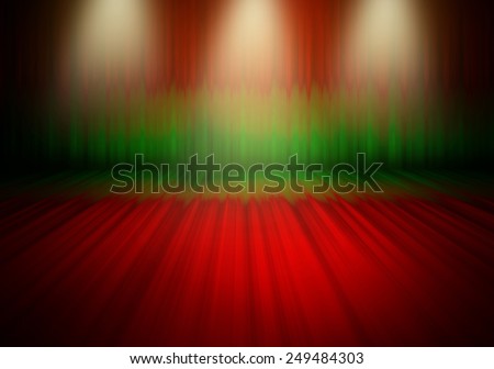 Beautiful  3 downlight\
red and green curtain stage light bright shine on floor shadow in the empty room