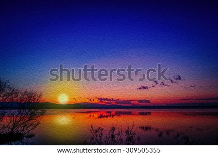 Oil paint style sunset blue sky beam light flare effect with lake and tree scenic Asia tourism