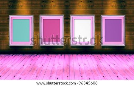 Empty picture frames in the art gallery wood and pink shade full color room