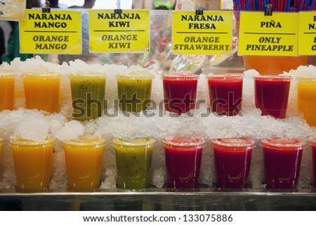Fresh drinks and juice to sell in La Boqueria market