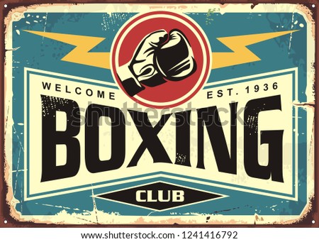 Boxing club retro tin sign template design. Sport and recreation promotional poster. Vector illustration.