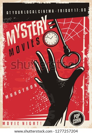 Mystery movies marathon retro cinema poster design. Film poster template with hand silhouette, clock,  key and spider web. Vector layout.