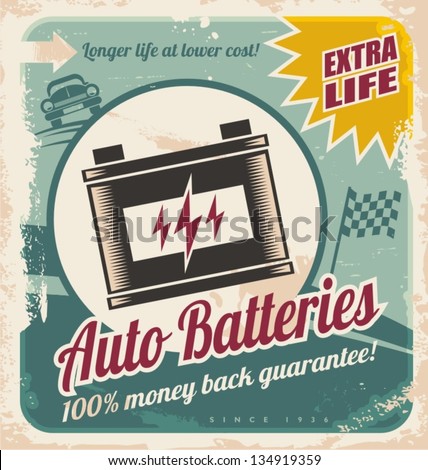 Retro auto batteries poster design. Vintage background for car service or parts shop.