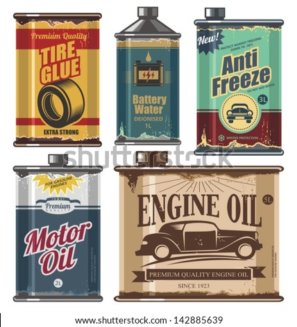Vintage collection of old motor and engine oil cans, anti freeze, water and tire glue bottles. Retro vector design concept. Car cosmetics and transportation related products.