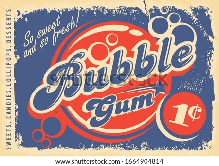 Bubble gums vintage paper poster design layout. Retro candy store advertisement for chewing gum. Vector promo leaflet. 