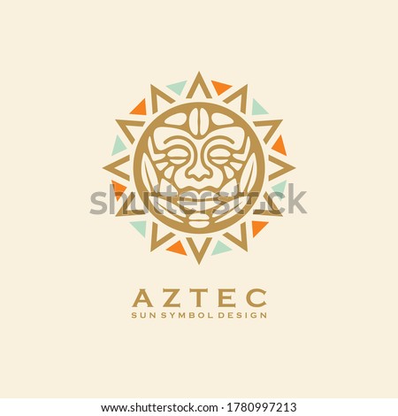 Aztec tribal sun symbol with human face. Vector logo or tattoo design with Mayan civilization sign. Vintage ornament. 