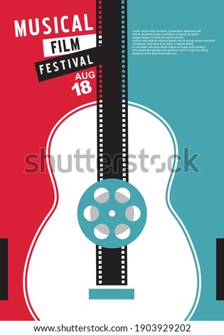 Musical films festival unique cinema concept with guitar shape and film strip. Movie event poster layout. Film reel design elements vector illustration. 
