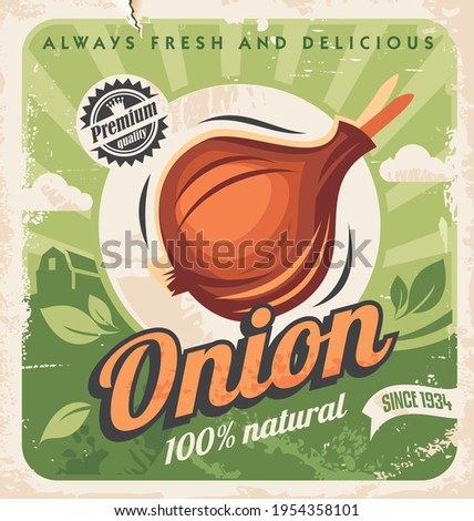 Onion farm vintage poster design. Farm fresh product retro advertisement  on old paper  texture with healthy organic vegetables. Onion vector image natural food.