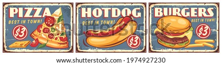 Fast food restaurant retro signs collection for interior decoration. Pizza, burger and hot dog retro signs designs. Vintage vector food illustrations.
