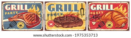 Set of grill signs with delicious grilled meat. Pork loin, beef steak and chicken drumstick on barbecue fire vintage signs collection. Fast food and bbq retro vector posters.
