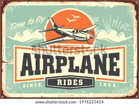 Airplane rides and tours retro advertising sign template. Love to fly travel and vacation vintage ad. Promo vector poster idea with airplane flying on the sky.