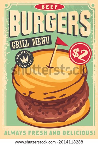 Beef burger graphic on old style poster art. Big hamburger on old paper texture. Fast food menu vector cover design.