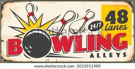 Bowling club retro sign board design template with bowling ball and pins.  Vintage 1950s comic style advertisement for bowling alleys and bar. Sports, games and recreation vector theme on old metal ba