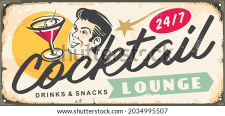 Cocktail lounge retro metal decorative sign board with glass of martini, happy man drawing and vintage typography. Drinks theme cartoon style banner. Cafe bar vector poster template.