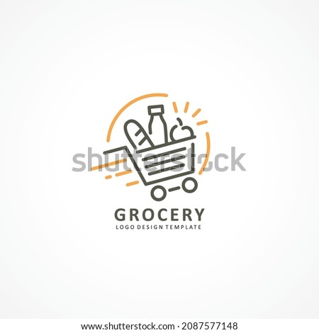 Grocery store logo design template with shopping basket full of various products. Bread, fruits, drinks line art logo design idea. Groceries vector symbol.