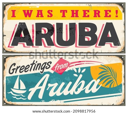 Greetings from Aruba, retro souvenirs signs set. Aruba card designs layout with tropical theme. Travel and vacation vintage vector signs template.