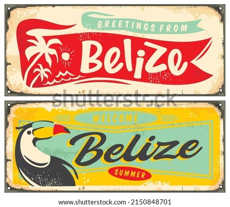 Belize summer holiday destination retro design template. Greetings from Belize creative greeting card souvenir. Vector image.