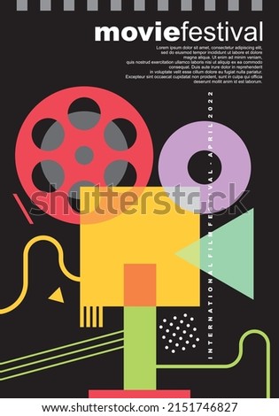Abstract camera made from geometric shapes. Colorful poster design for film festival. Cinema flyer template. Vector movies illustration.