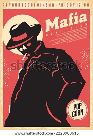 Cinema poster for mafia movies. Film festival vector illustration with mafia member silhouette.