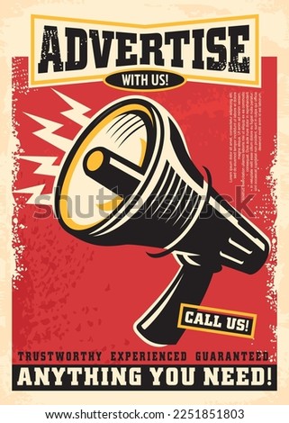 Advertise with us creative retro poster concept with megaphone graphic on red background. Marketing and advertising vector illustration.