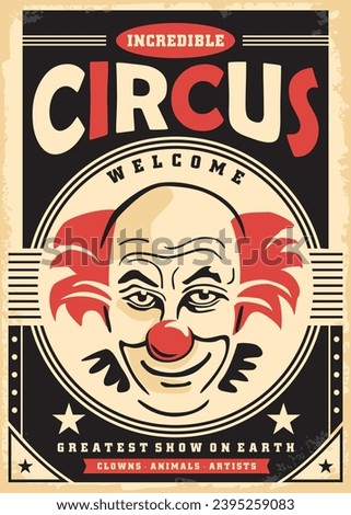 Retro poster design for incredible circus show. Comic style clown portrait with red nose and hair. Circus vector flyer template.