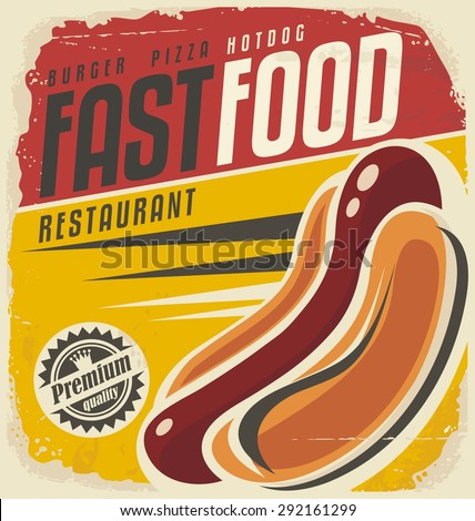 Hotdog retro poster design concept. Unique vector template for delicious fast food. Restaurant menu cover. Package design layout for take out food on old paper texture.