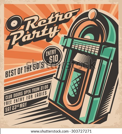 Retro Party Invitation Design Template. Vintage Jukebox Poster Layout ...