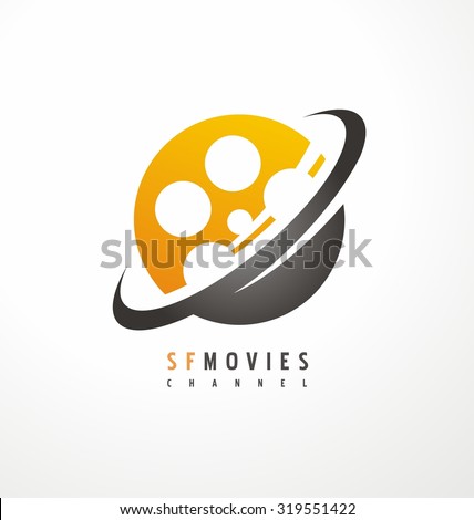 Creative logo design for movie and television industry. Unique symbol template with planet and film roll. Corporate icon layout.